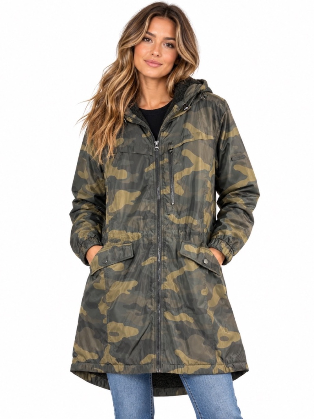 Lucky Brand Women's Large Camo Sherpa Lined Hooded Parka Jacket Utility Long